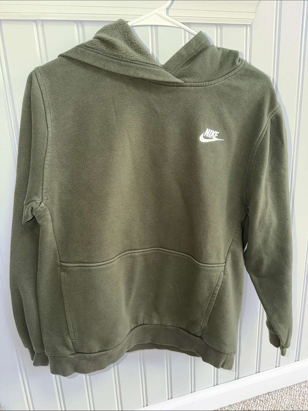 Boys Nike Olive Green Pullover Hoodie with White Swoosh